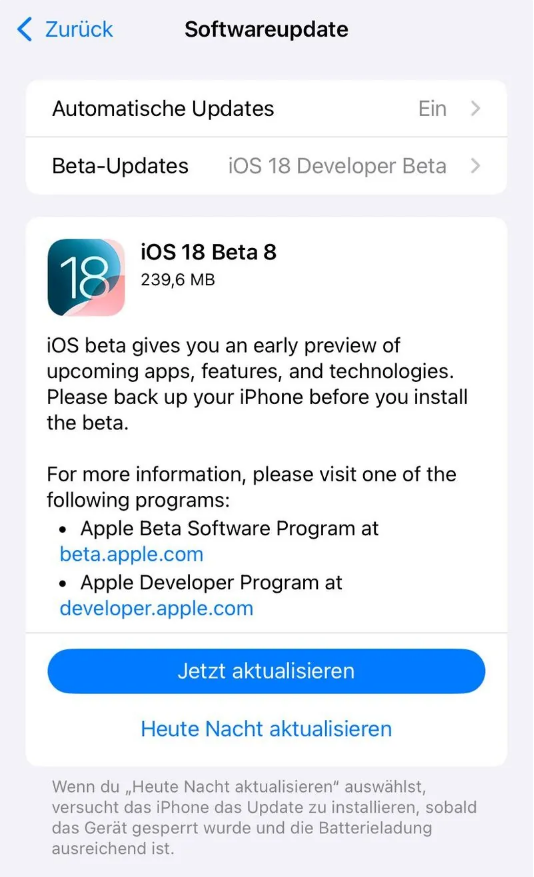 城步苹果手机维修分享苹果 iOS / iPadOS 18 开发者预览版 Beta 8 发布 